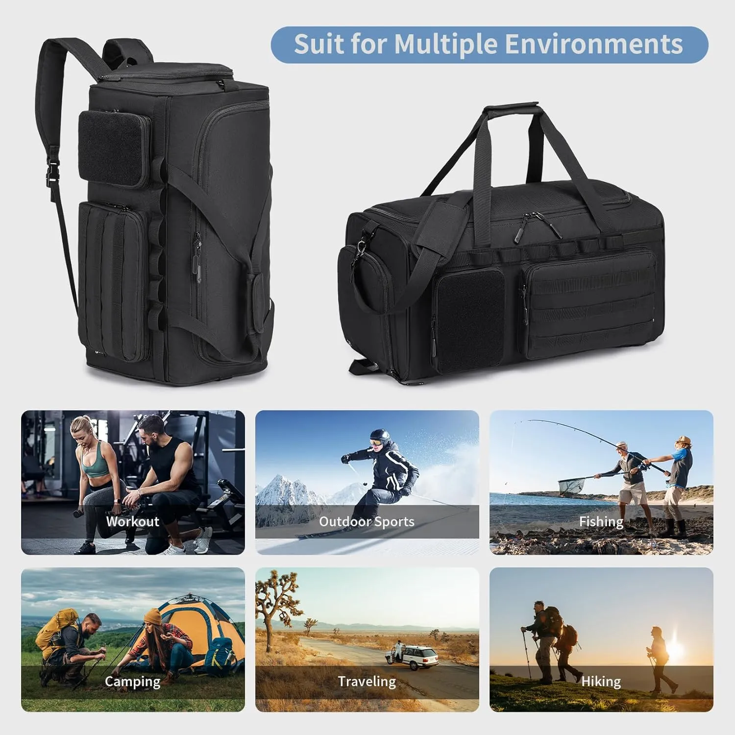 Gym Bags for Men 55L Tactical Duffle Bag Sports Travel Bag Gym Weekender Overnight Backpack with Shoe Compartment and Wet Pocket 3 In 1 Tactical Military Backpack