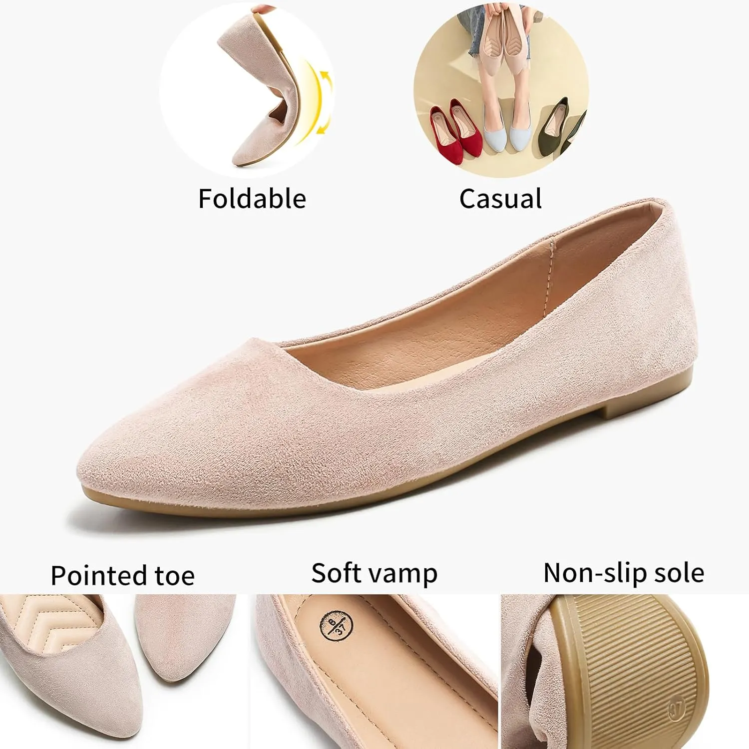 HEAWISH Women??s Black Flats Shoes Comfortable Suede Pointed Toe Slip On Casual Ballet Flats Dress Shoes Nude Flats