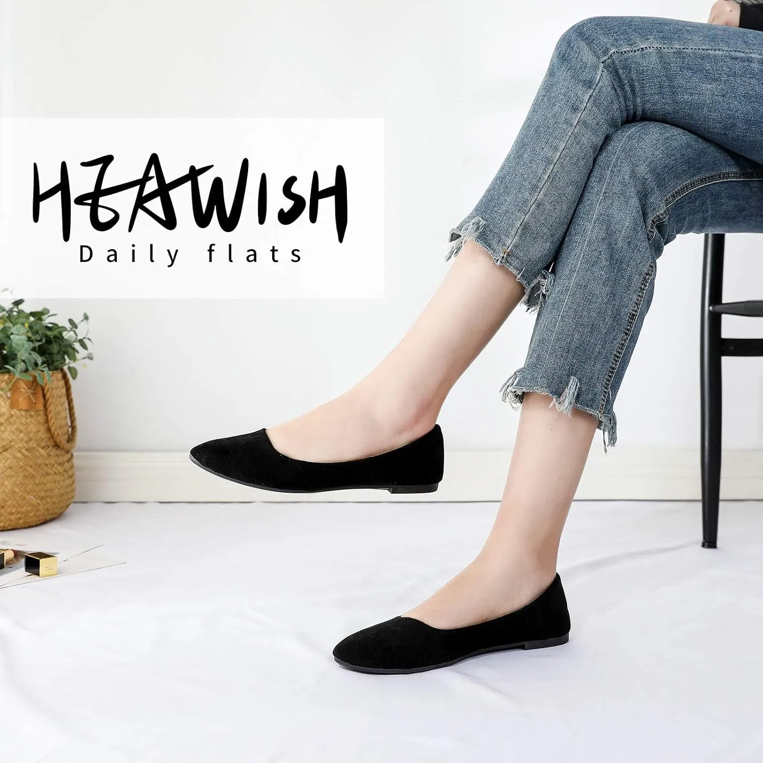 HEAWISH Women??s Black Flats Shoes Comfortable Suede Pointed Toe Slip On Casual Ballet Flats Dress Shoes Nude Flats