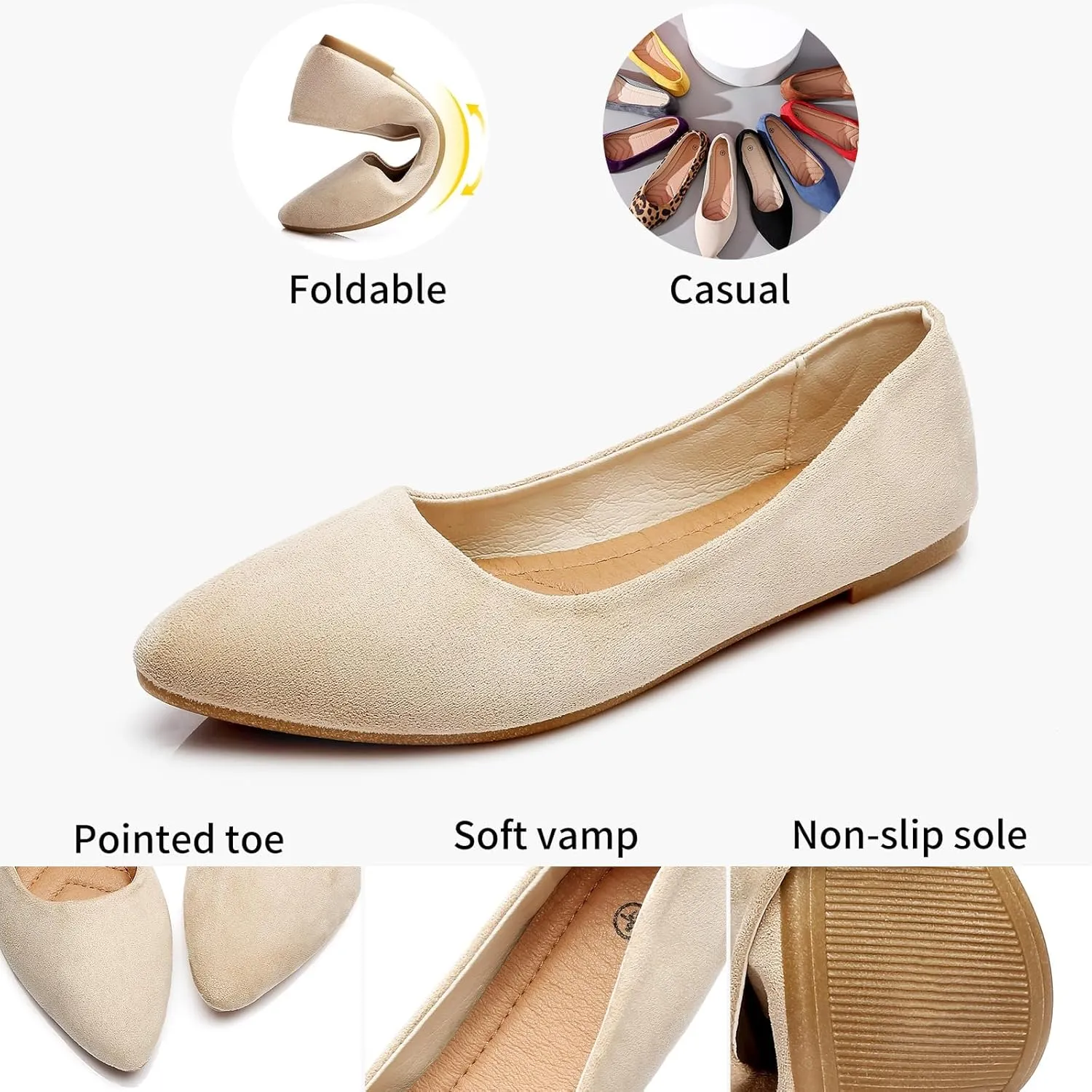 HEAWISH Women??s Black Flats Shoes Comfortable Suede Pointed Toe Slip On Casual Ballet Flats Dress Shoes Nude Flats