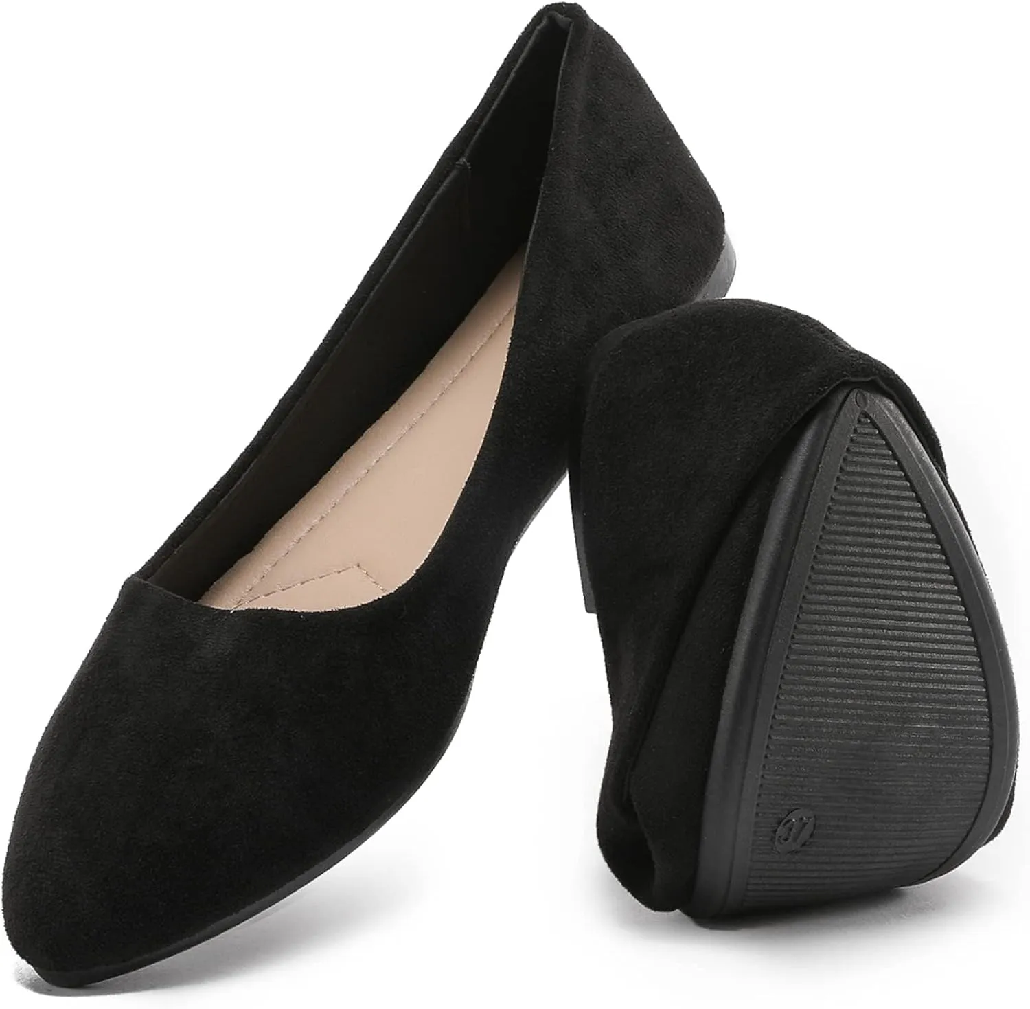 HEAWISH Women??s Black Flats Shoes Comfortable Suede Pointed Toe Slip On Casual Ballet Flats Dress Shoes Nude Flats