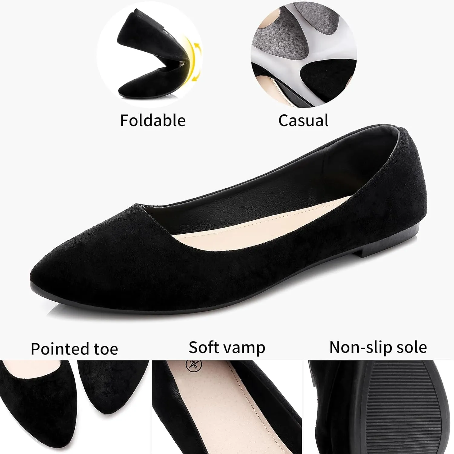 HEAWISH Women??s Black Flats Shoes Comfortable Suede Pointed Toe Slip On Casual Ballet Flats Dress Shoes Nude Flats