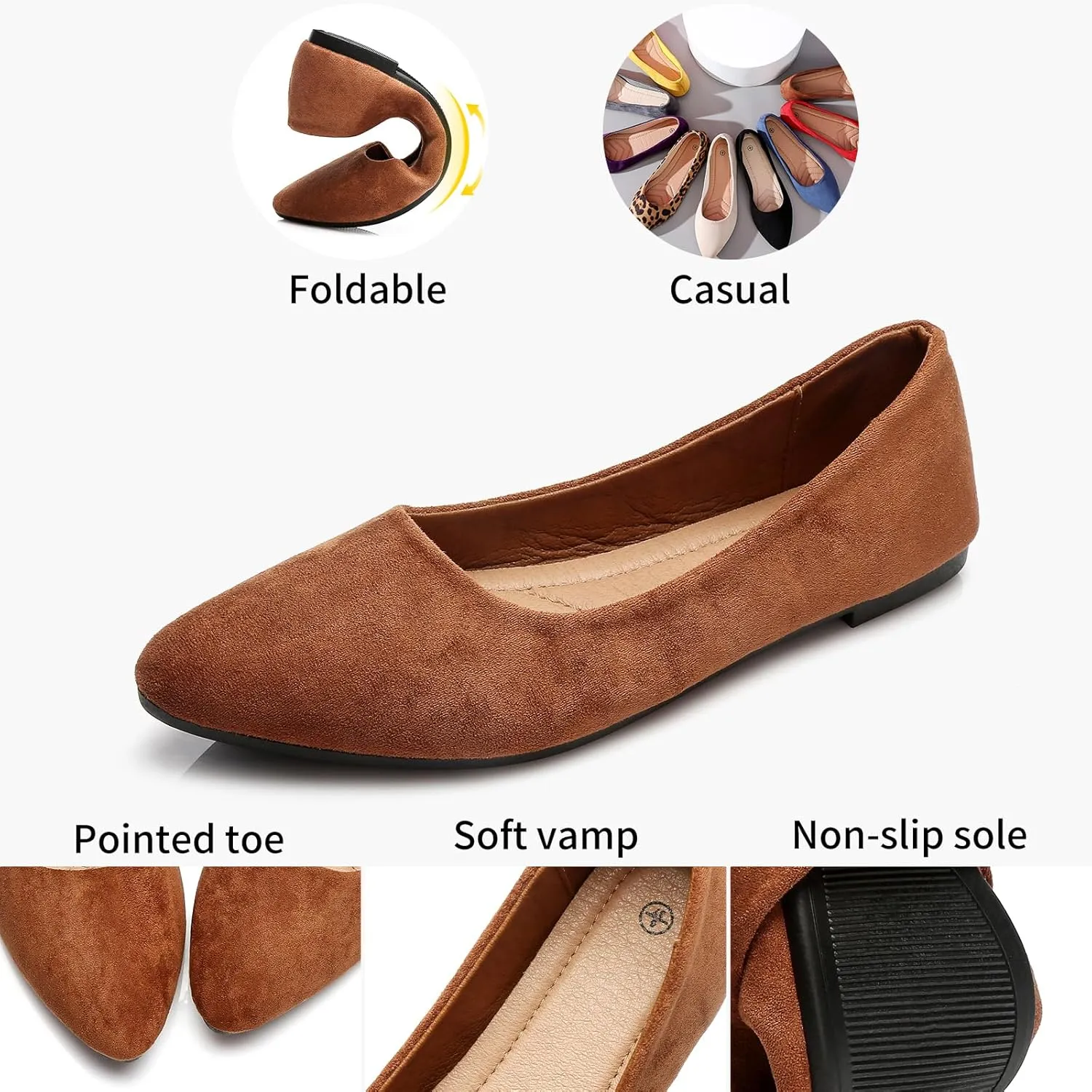 HEAWISH Women??s Black Flats Shoes Comfortable Suede Pointed Toe Slip On Casual Ballet Flats Dress Shoes Nude Flats