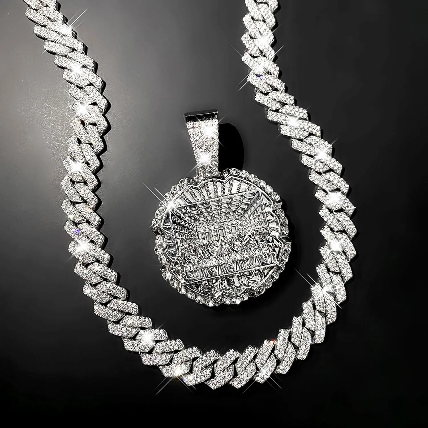 Hip-hop Cuban Chain, Rhinestone Pendant Necklace Jewelry For MenMen's Fashion JewelryWomen's Jewelry