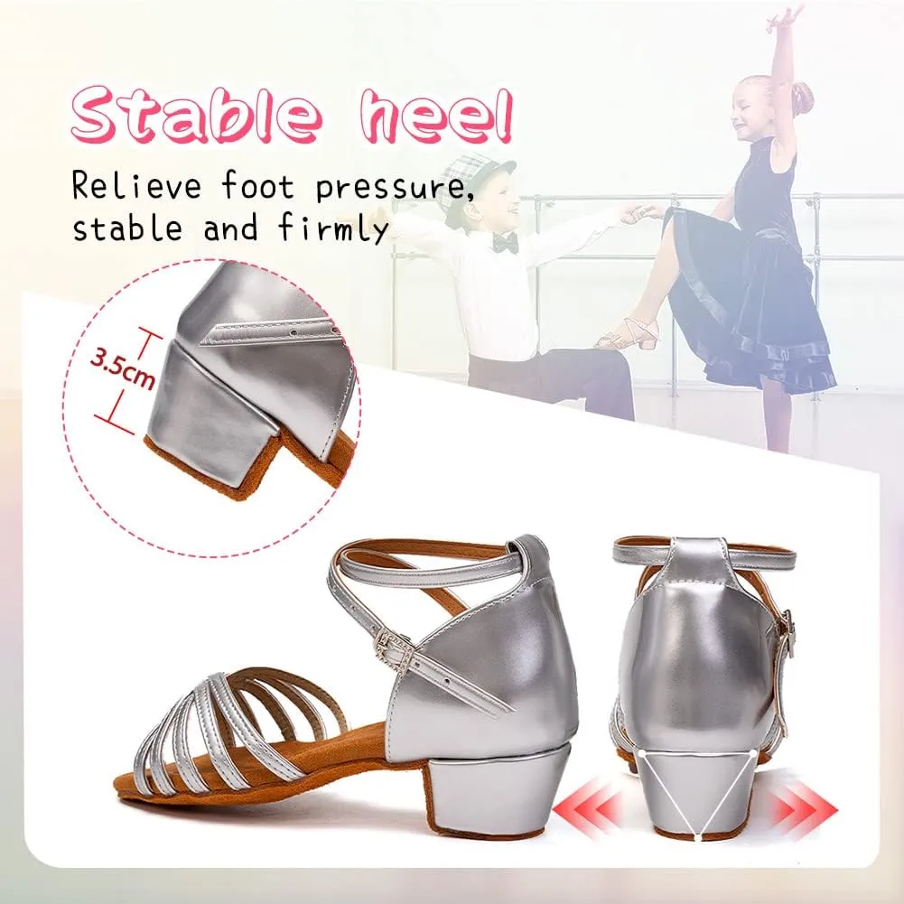 HIPPOSEUS Girls Latin Dance Shoes Low Heel Satin Ballroom Salsa Dance Practice Performance Dancing Shoes,Model 202