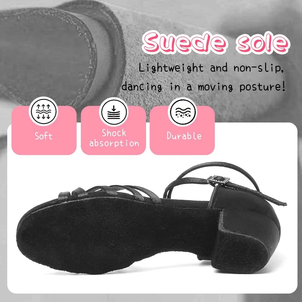 HIPPOSEUS Girls Latin Dance Shoes Low Heel Satin Ballroom Salsa Dance Practice Performance Dancing Shoes,Model 202
