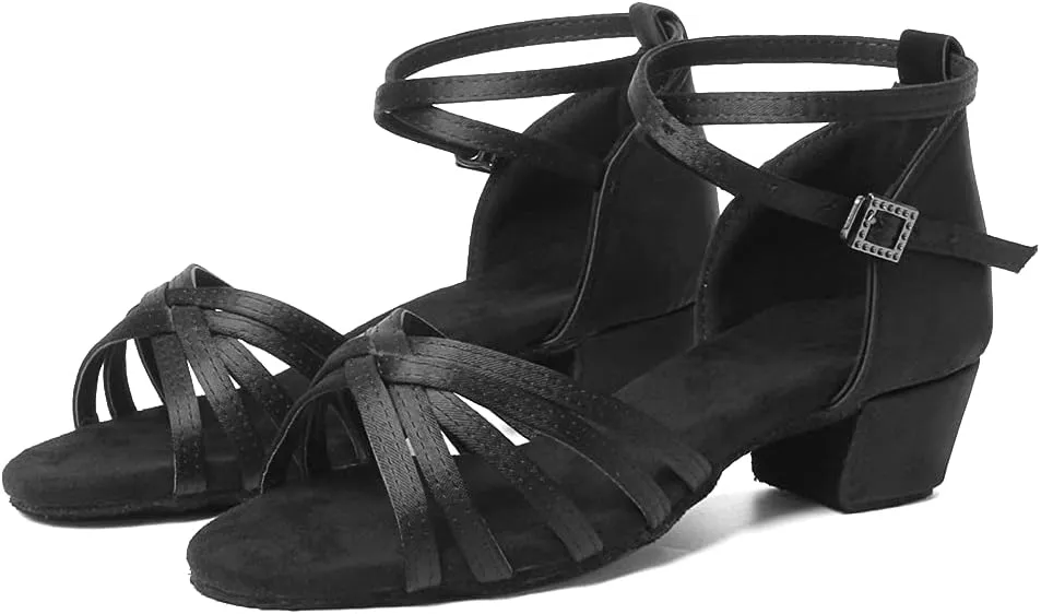HIPPOSEUS Girls Latin Dance Shoes Low Heel Satin Ballroom Salsa Dance Practice Performance Dancing Shoes,Model 202