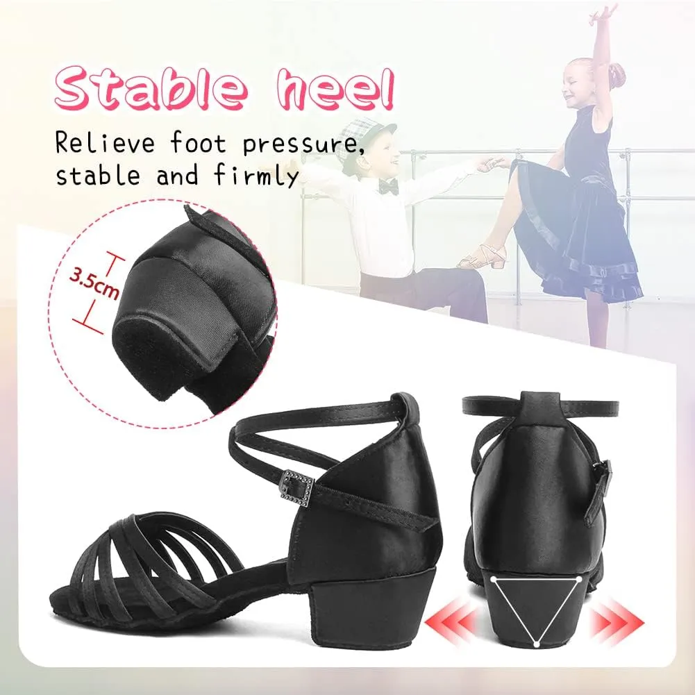 HIPPOSEUS Girls Latin Dance Shoes Low Heel Satin Ballroom Salsa Dance Practice Performance Dancing Shoes,Model 202