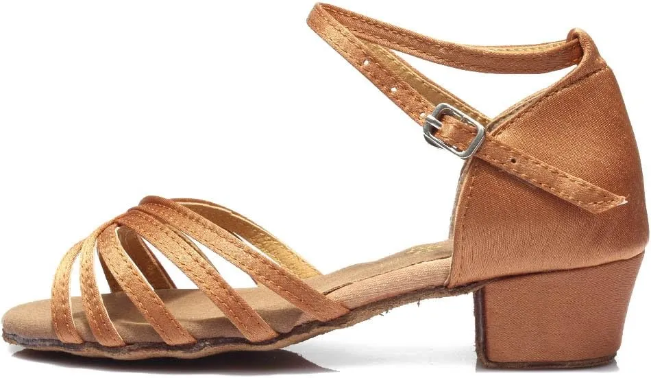 HIPPOSEUS Girls Latin Dance Shoes Low Heel Satin Ballroom Salsa Dance Practice Performance Dancing Shoes,Model 202