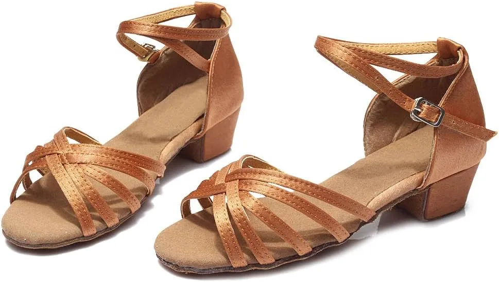 HIPPOSEUS Girls Latin Dance Shoes Low Heel Satin Ballroom Salsa Dance Practice Performance Dancing Shoes,Model 202