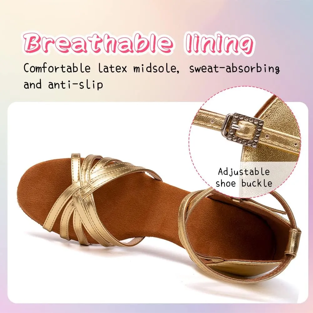 HIPPOSEUS Girls Latin Dance Shoes Low Heel Satin Ballroom Salsa Dance Practice Performance Dancing Shoes,Model 202