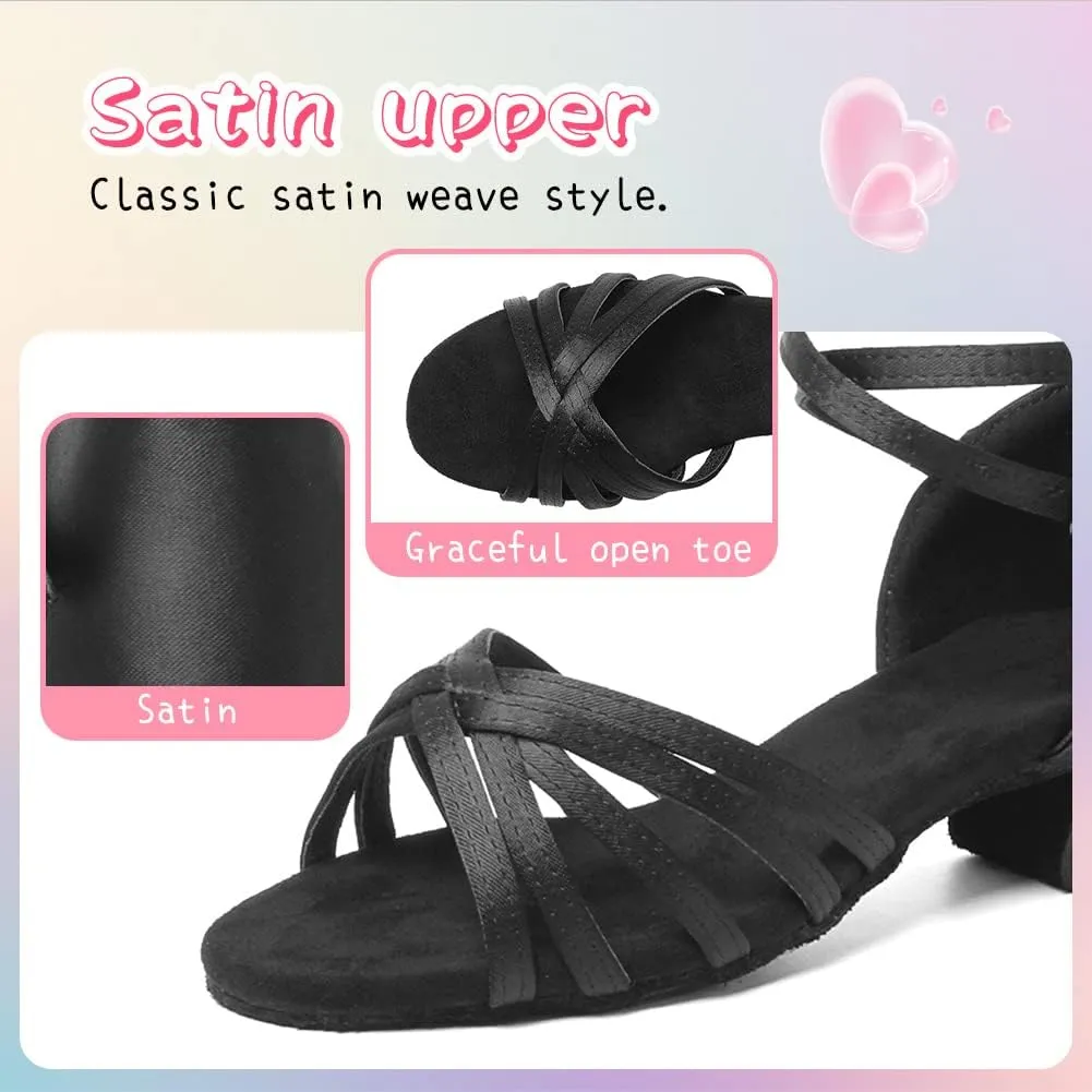 HIPPOSEUS Girls Latin Dance Shoes Low Heel Satin Ballroom Salsa Dance Practice Performance Dancing Shoes,Model 202