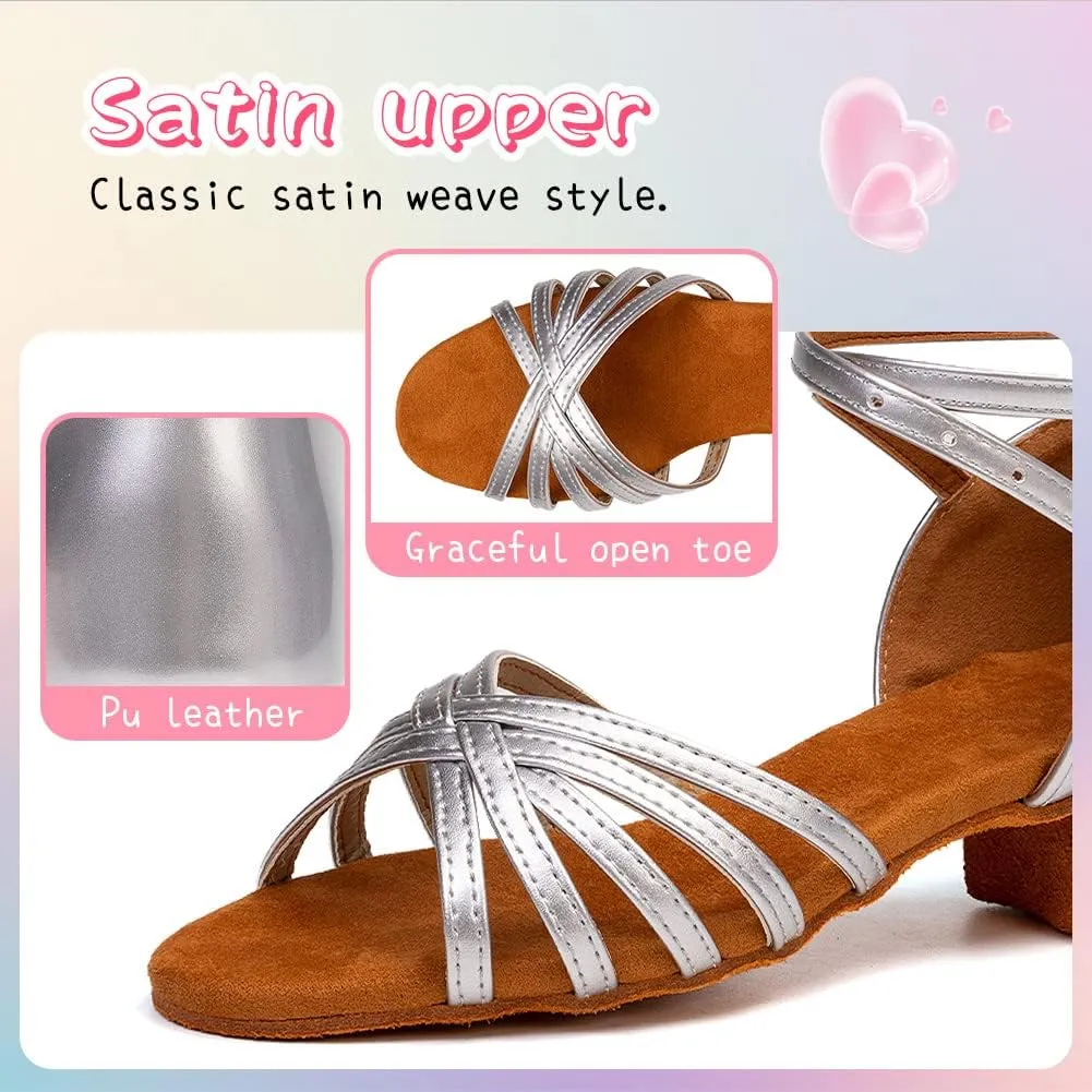 HIPPOSEUS Girls Latin Dance Shoes Low Heel Satin Ballroom Salsa Dance Practice Performance Dancing Shoes,Model 202
