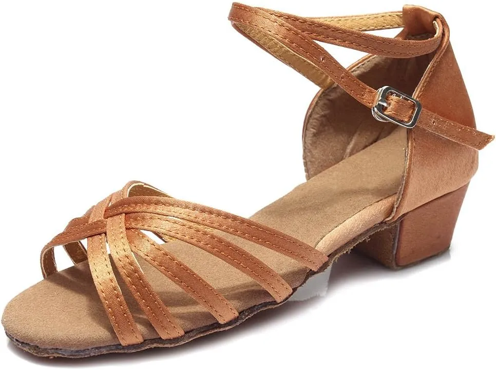 HIPPOSEUS Girls Latin Dance Shoes Low Heel Satin Ballroom Salsa Dance Practice Performance Dancing Shoes,Model 202