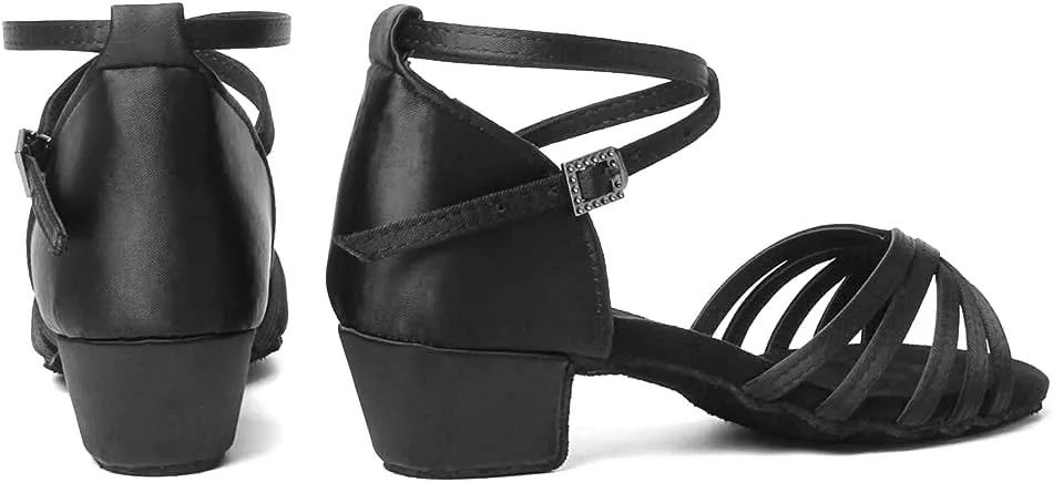 HIPPOSEUS Girls Latin Dance Shoes Low Heel Satin Ballroom Salsa Dance Practice Performance Dancing Shoes,Model 202
