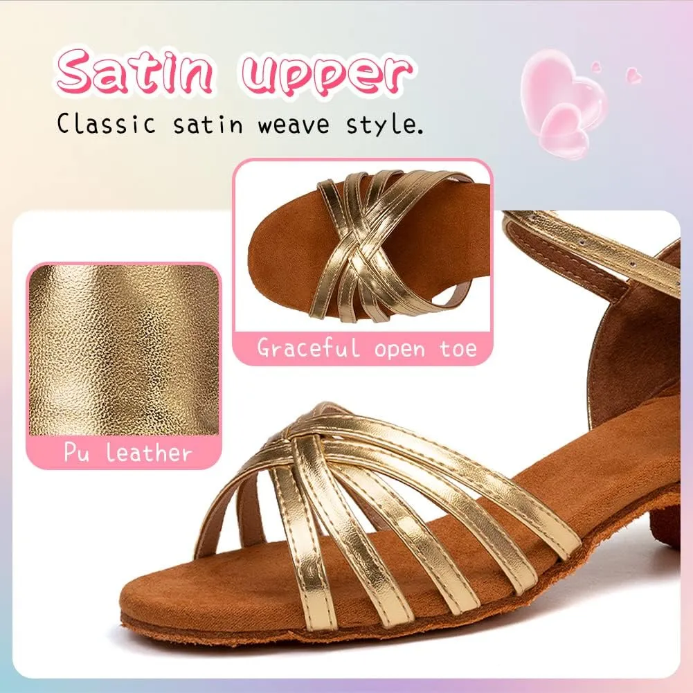 HIPPOSEUS Girls Latin Dance Shoes Low Heel Satin Ballroom Salsa Dance Practice Performance Dancing Shoes,Model 202