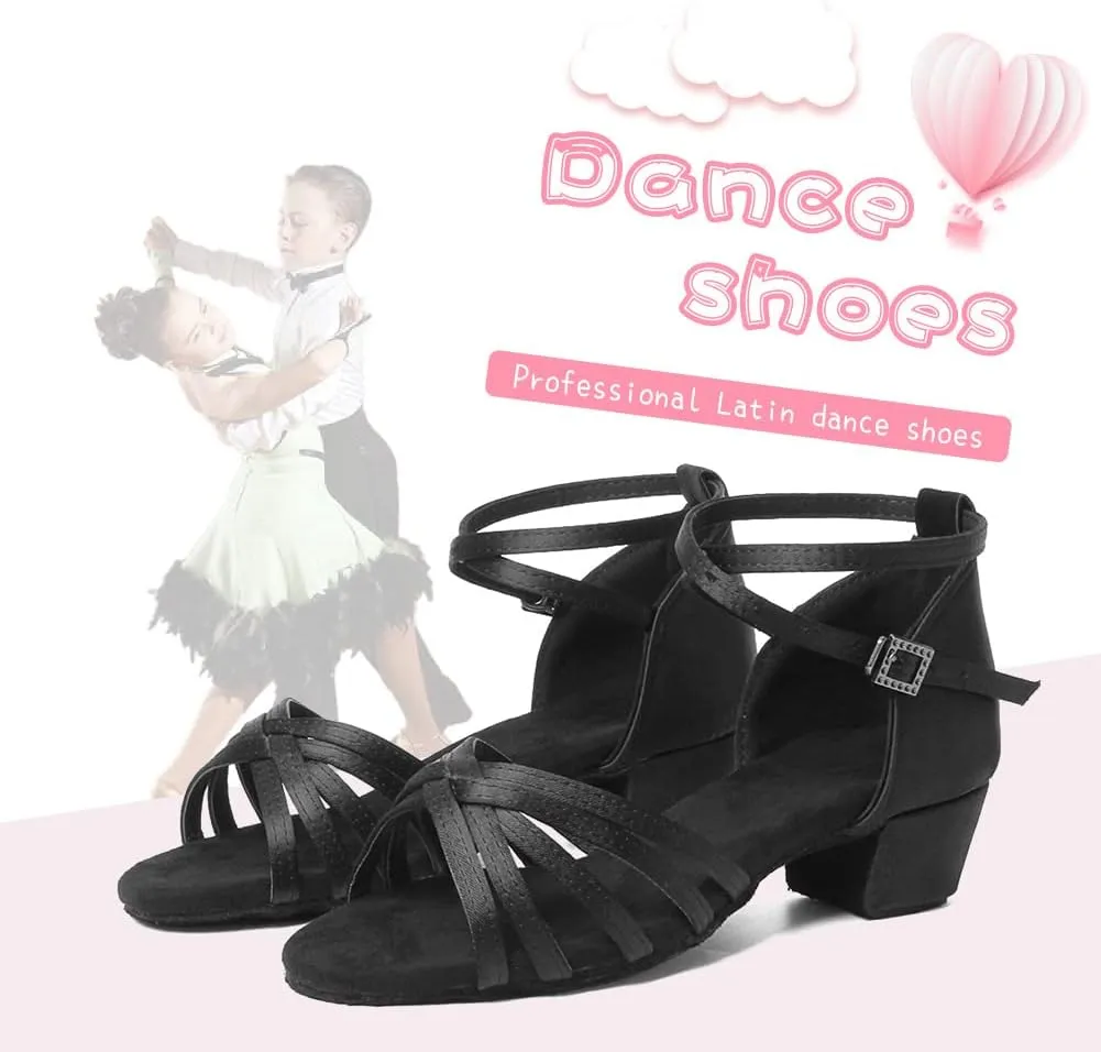 HIPPOSEUS Girls Latin Dance Shoes Low Heel Satin Ballroom Salsa Dance Practice Performance Dancing Shoes,Model 202