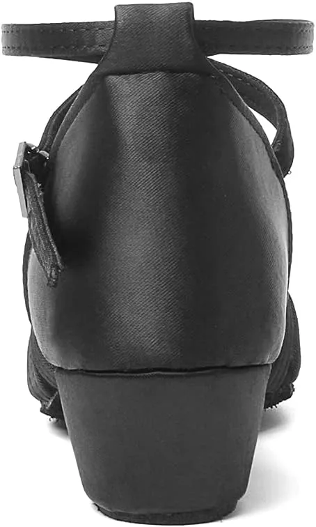 HIPPOSEUS Girls Latin Dance Shoes Low Heel Satin Ballroom Salsa Dance Practice Performance Dancing Shoes,Model 202
