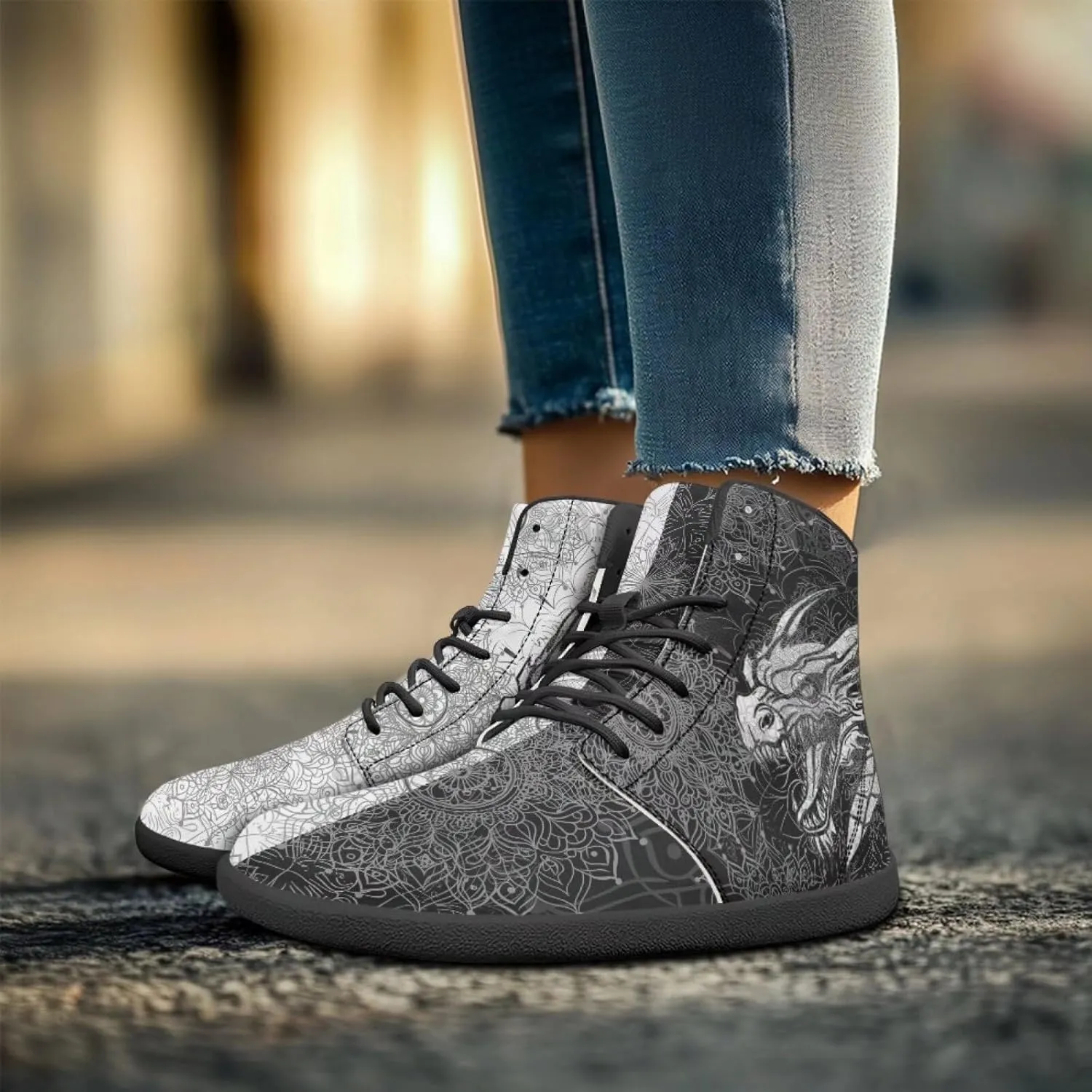 Howilath Boho Mandala Animal Barefoot Shoes Men Wide Toe High Top Sneakers Minimalist Shoes Zero Drop Sneaker
