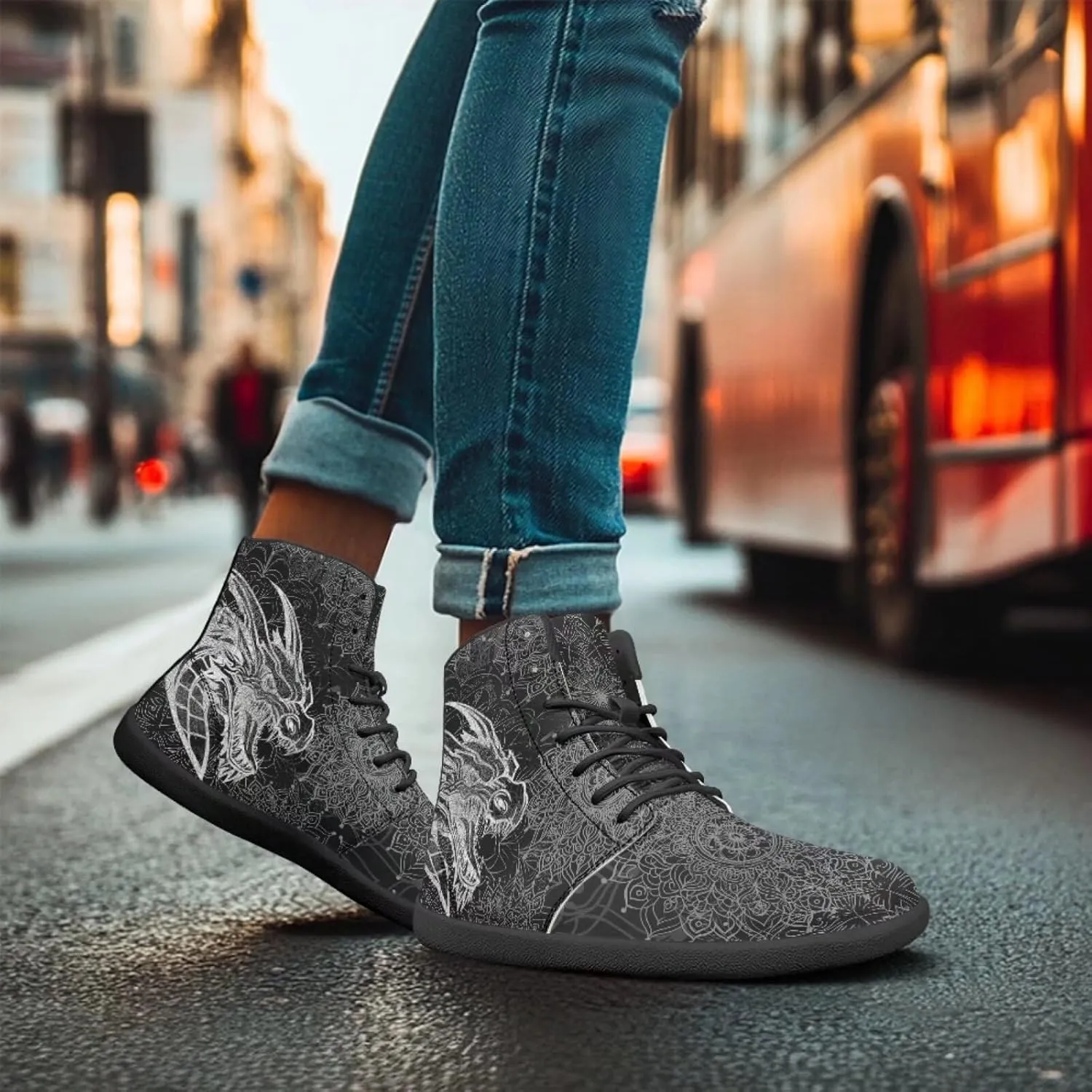 Howilath Boho Mandala Animal Barefoot Shoes Men Wide Toe High Top Sneakers Minimalist Shoes Zero Drop Sneaker
