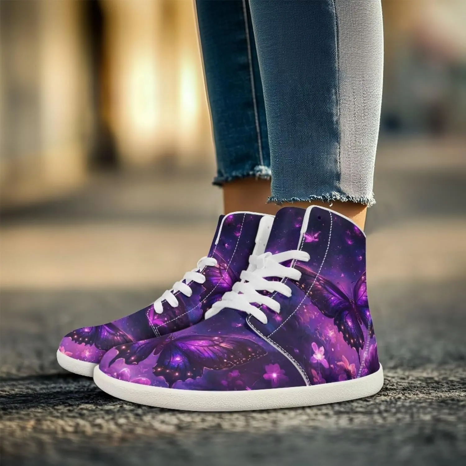 Howilath Butterfly Print High Top Shoes for Men Women, Wide Toe Barefoot Sneakers Minimalist Barefoot Shoes