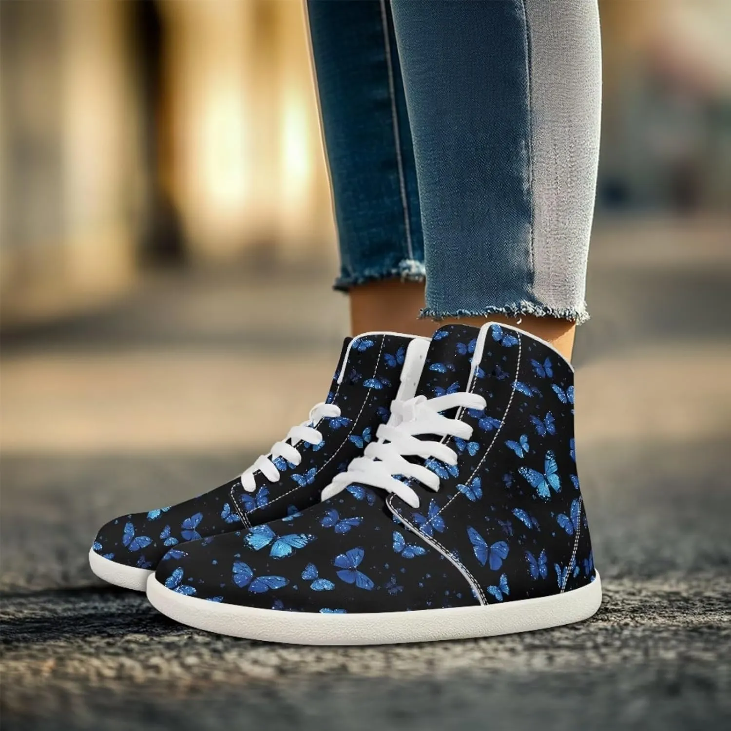 Howilath Butterfly Print High Top Shoes for Men Women, Wide Toe Barefoot Sneakers Minimalist Barefoot Shoes
