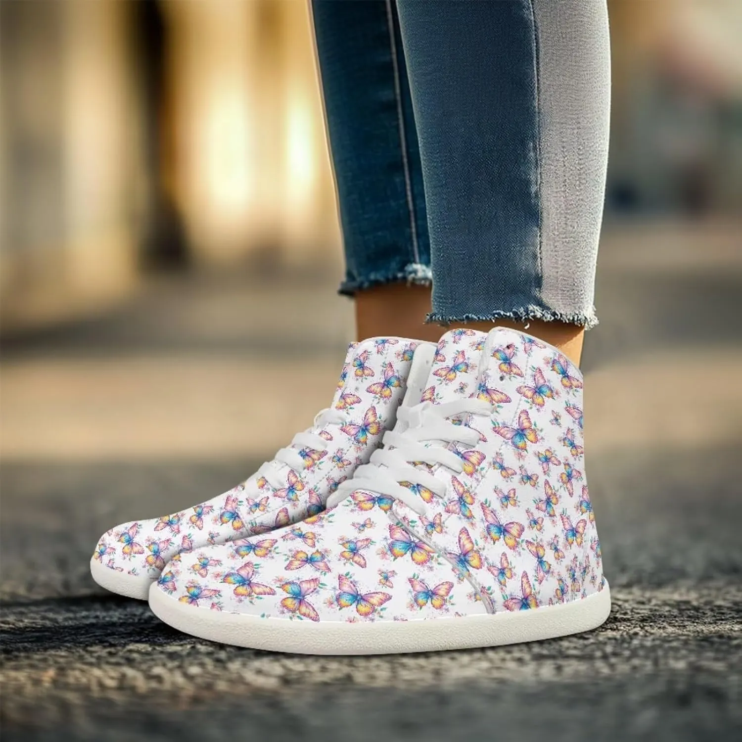 Howilath Butterfly Print High Top Shoes for Men Women, Wide Toe Barefoot Sneakers Minimalist Barefoot Shoes