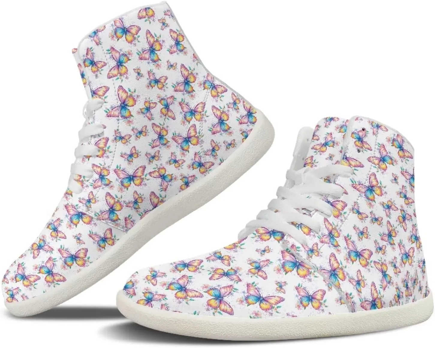 Howilath Butterfly Print High Top Shoes for Men Women, Wide Toe Barefoot Sneakers Minimalist Barefoot Shoes
