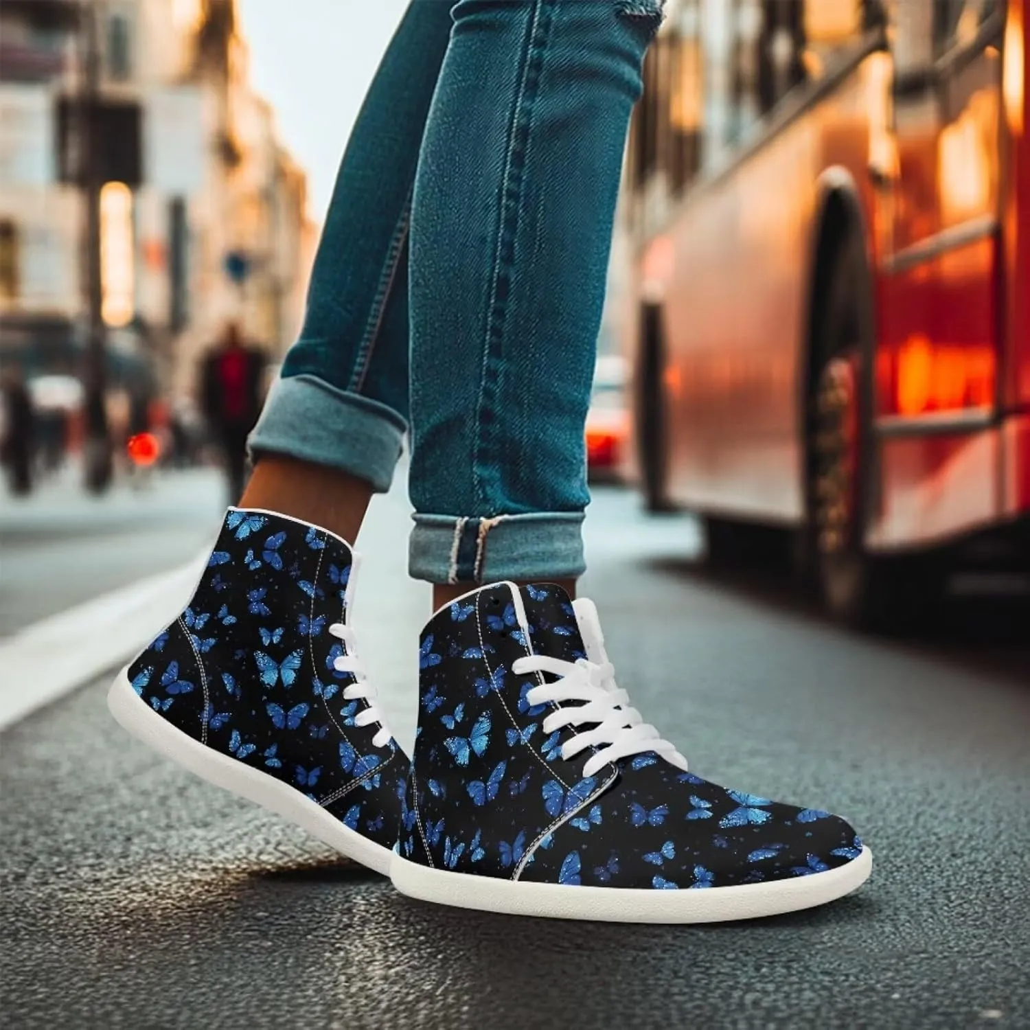 Howilath Butterfly Print High Top Shoes for Men Women, Wide Toe Barefoot Sneakers Minimalist Barefoot Shoes