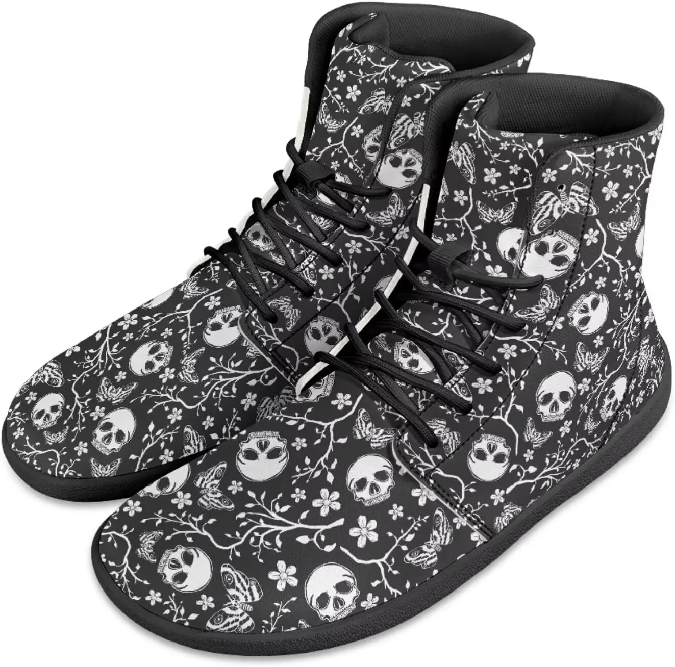 Howilath Gothic Skull Print High Top Sneakers for Men Wide Toe Barefoot Shoes Running Shoe with Anti-Skid Sole