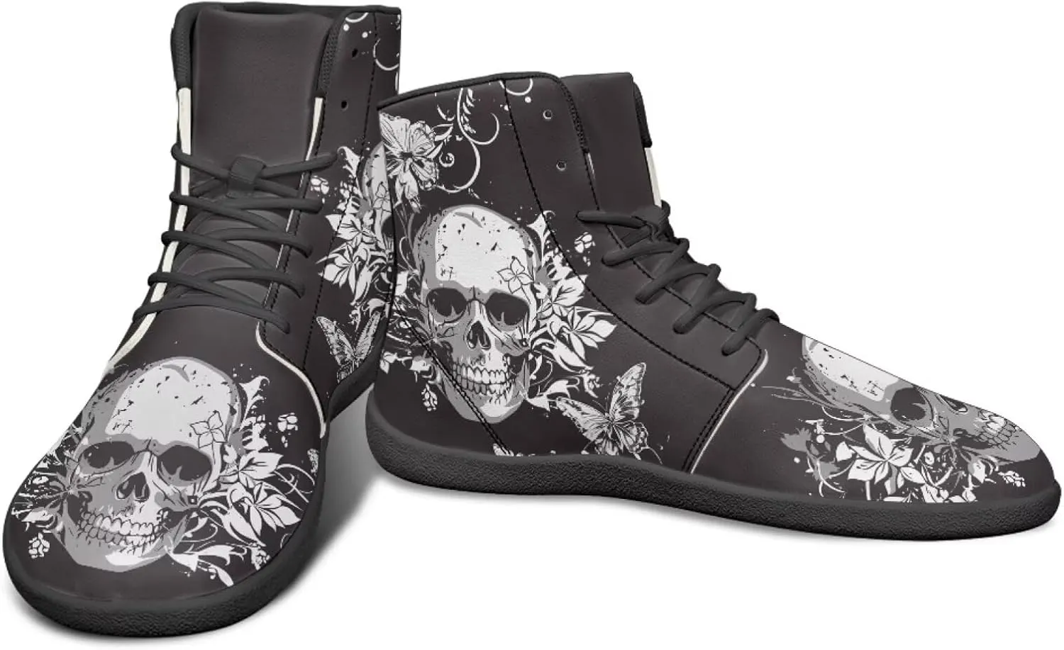 Howilath Gothic Skull Print High Top Sneakers for Men Wide Toe Barefoot Shoes Running Shoe with Anti-Skid Sole