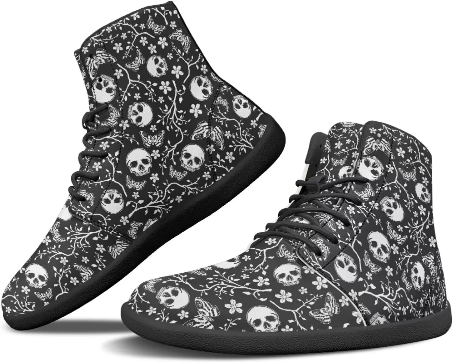 Howilath Gothic Skull Print High Top Sneakers for Men Wide Toe Barefoot Shoes Running Shoe with Anti-Skid Sole
