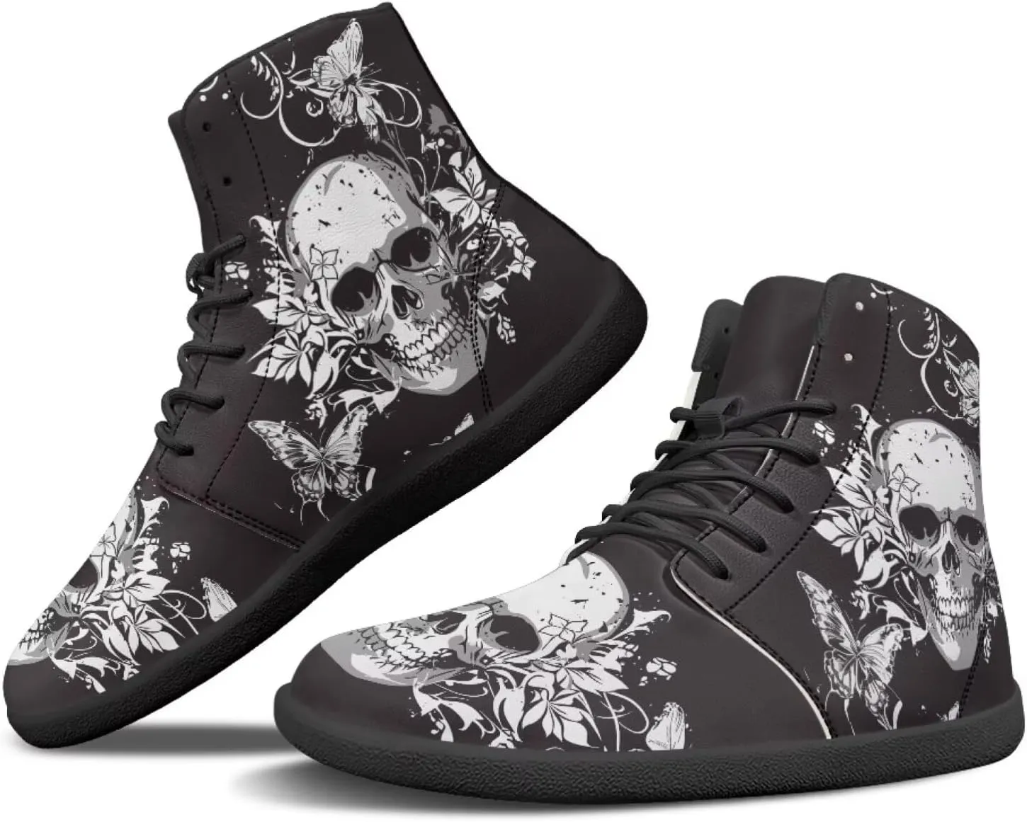 Howilath Gothic Skull Print High Top Sneakers for Men Wide Toe Barefoot Shoes Running Shoe with Anti-Skid Sole