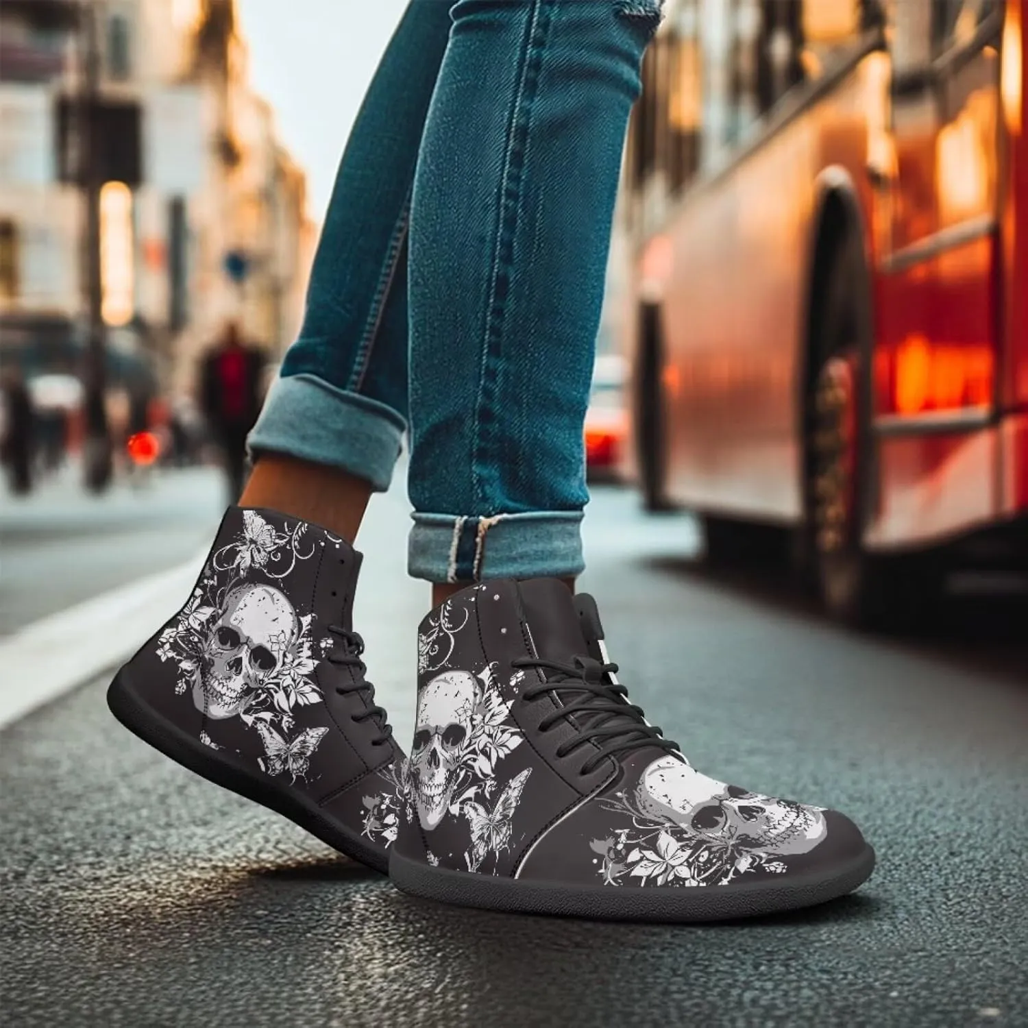 Howilath Gothic Skull Print High Top Sneakers for Men Wide Toe Barefoot Shoes Running Shoe with Anti-Skid Sole