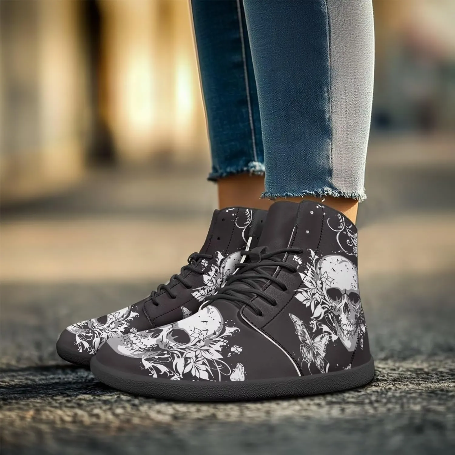 Howilath Gothic Skull Print High Top Sneakers for Men Wide Toe Barefoot Shoes Running Shoe with Anti-Skid Sole