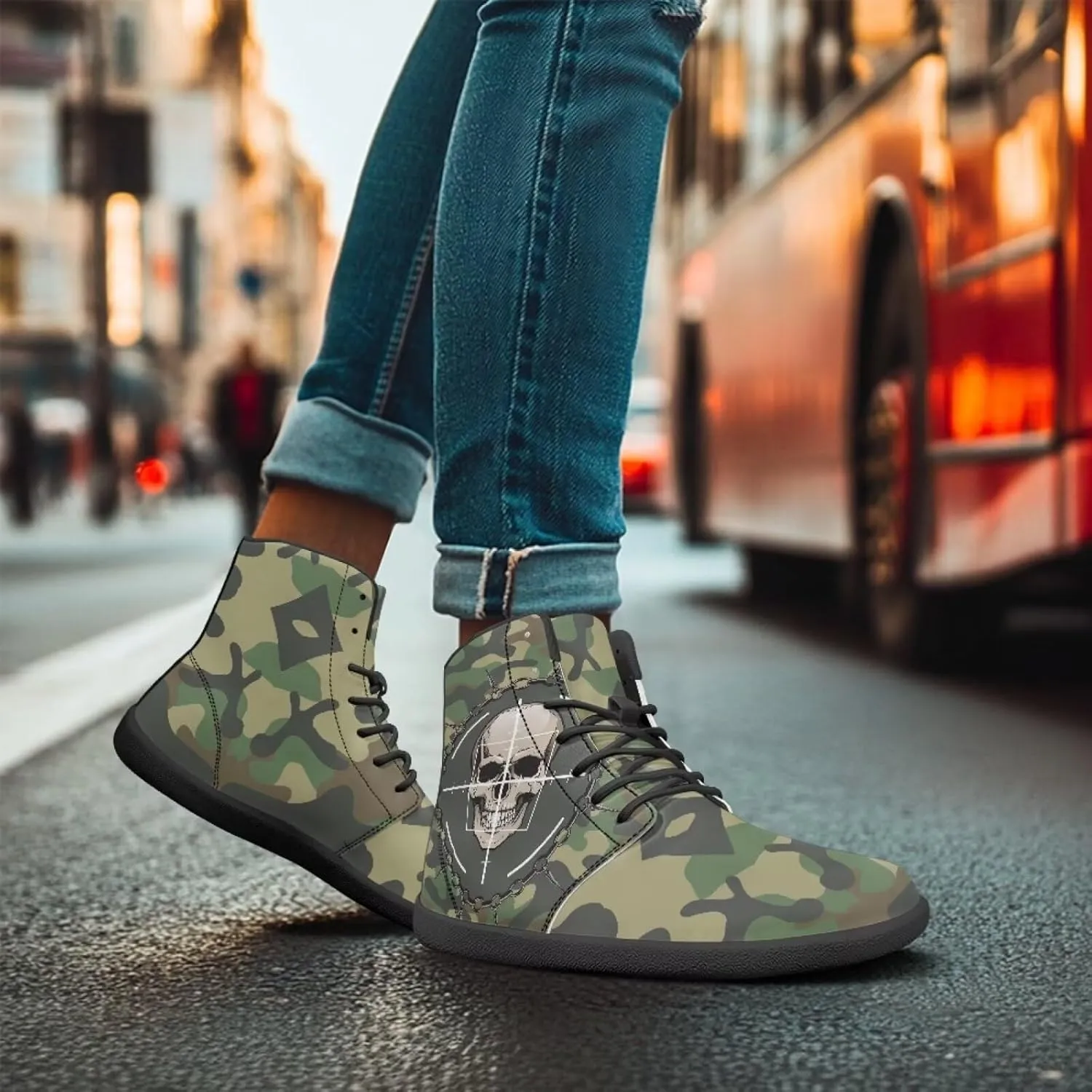 Howilath Gothic Skull Print High Top Sneakers for Men Wide Toe Barefoot Shoes Running Shoe with Anti-Skid Sole