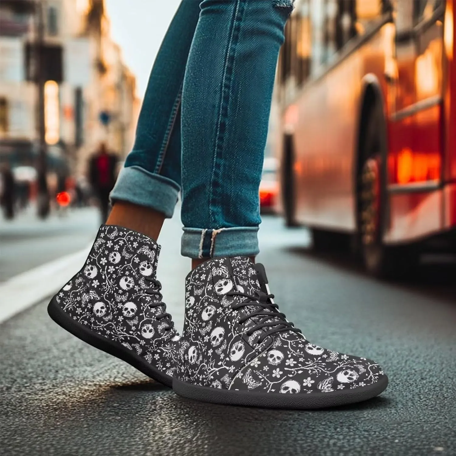 Howilath Gothic Skull Print High Top Sneakers for Men Wide Toe Barefoot Shoes Running Shoe with Anti-Skid Sole