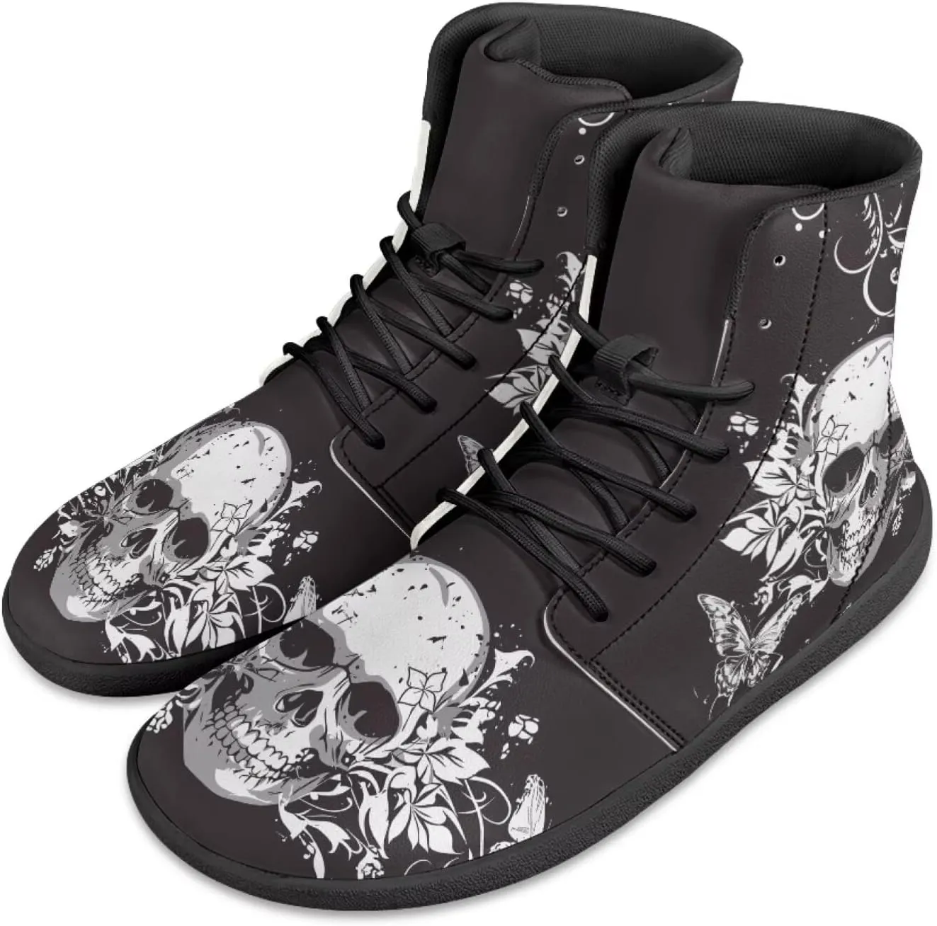 Howilath Gothic Skull Print High Top Sneakers for Men Wide Toe Barefoot Shoes Running Shoe with Anti-Skid Sole