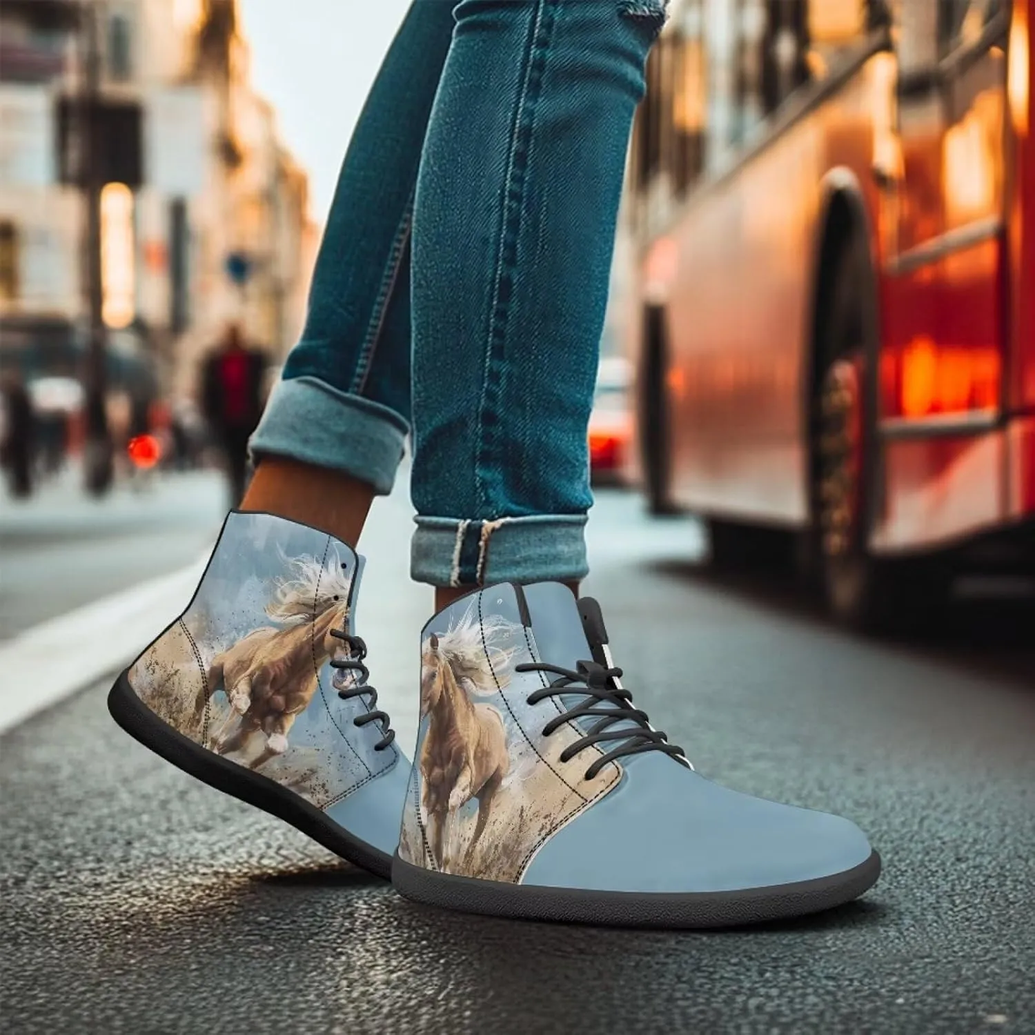 Howilath Horse Print High Top Sneakers for Men Wide Toe Barefoot Shoes Zero Drop Running Cross Training Shoe