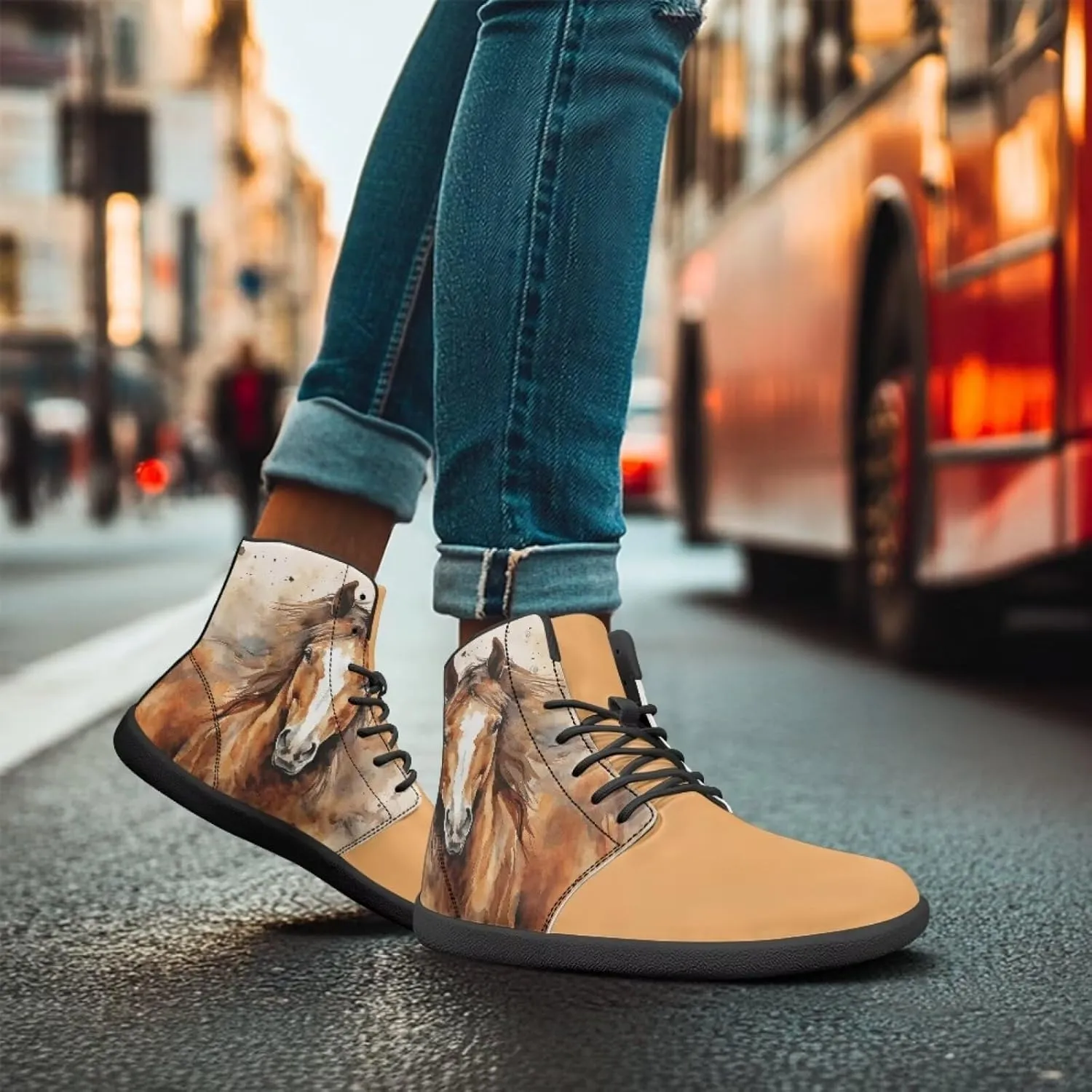 Howilath Horse Print High Top Sneakers for Men Wide Toe Barefoot Shoes Zero Drop Running Cross Training Shoe