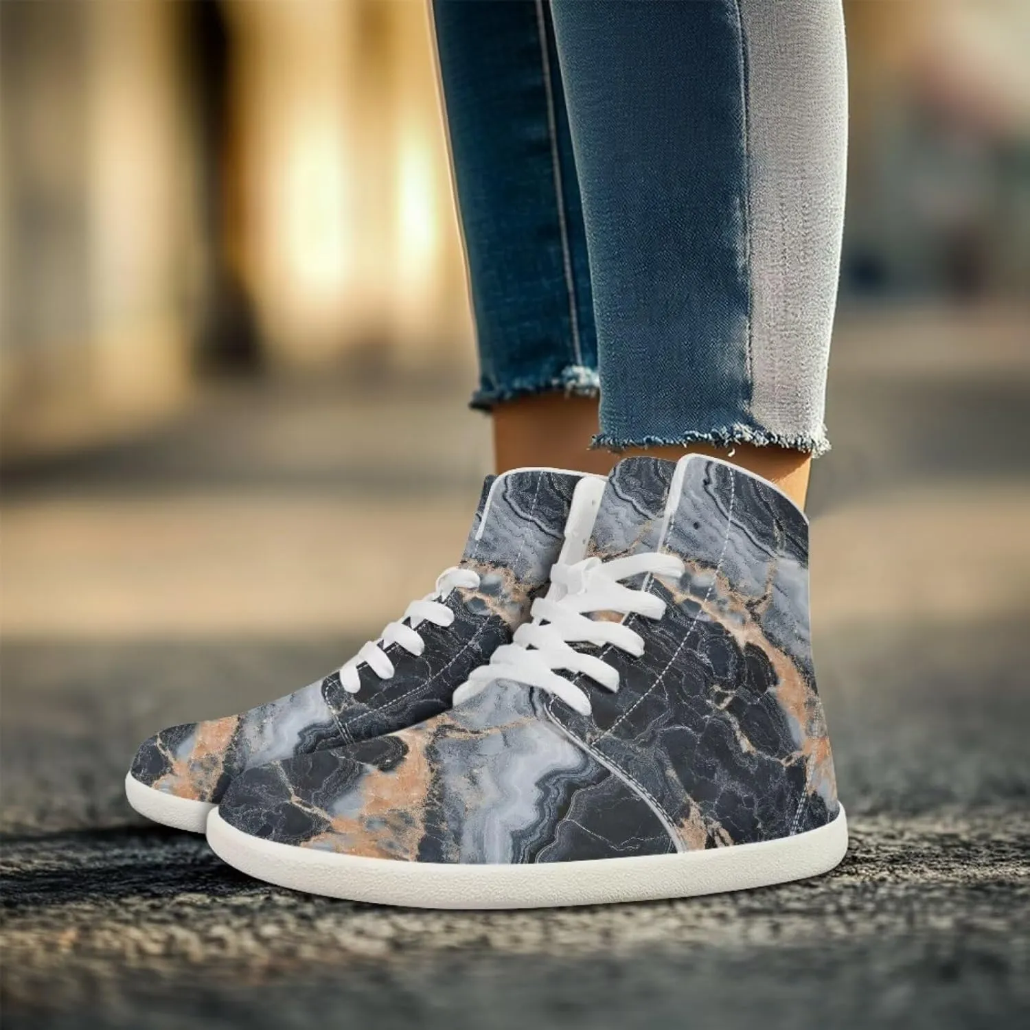 Howilath Marble Print High Top Shoes for Men Women, Anti-Skid Barefoot Sneakers Wide Toe Walking Shoes