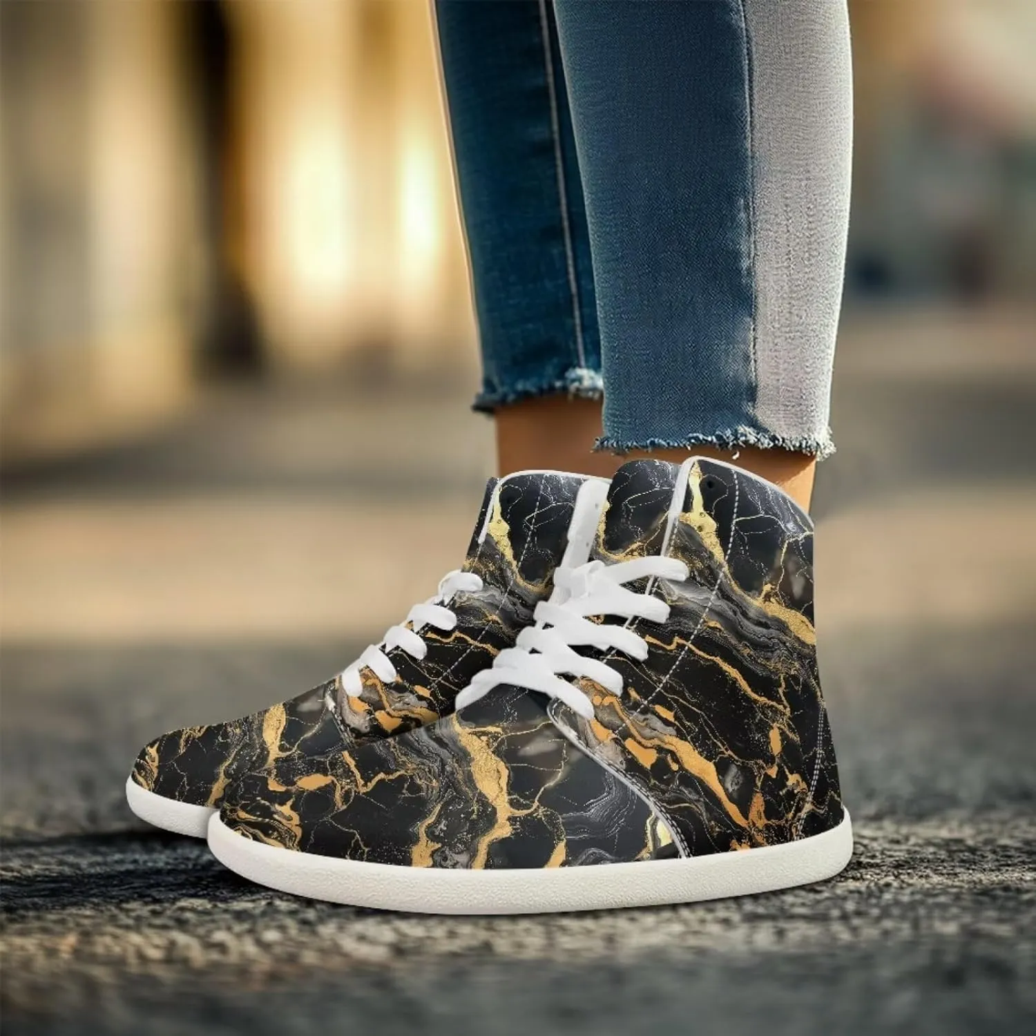 Howilath Marble Print High Top Shoes for Men Women, Anti-Skid Barefoot Sneakers Wide Toe Walking Shoes