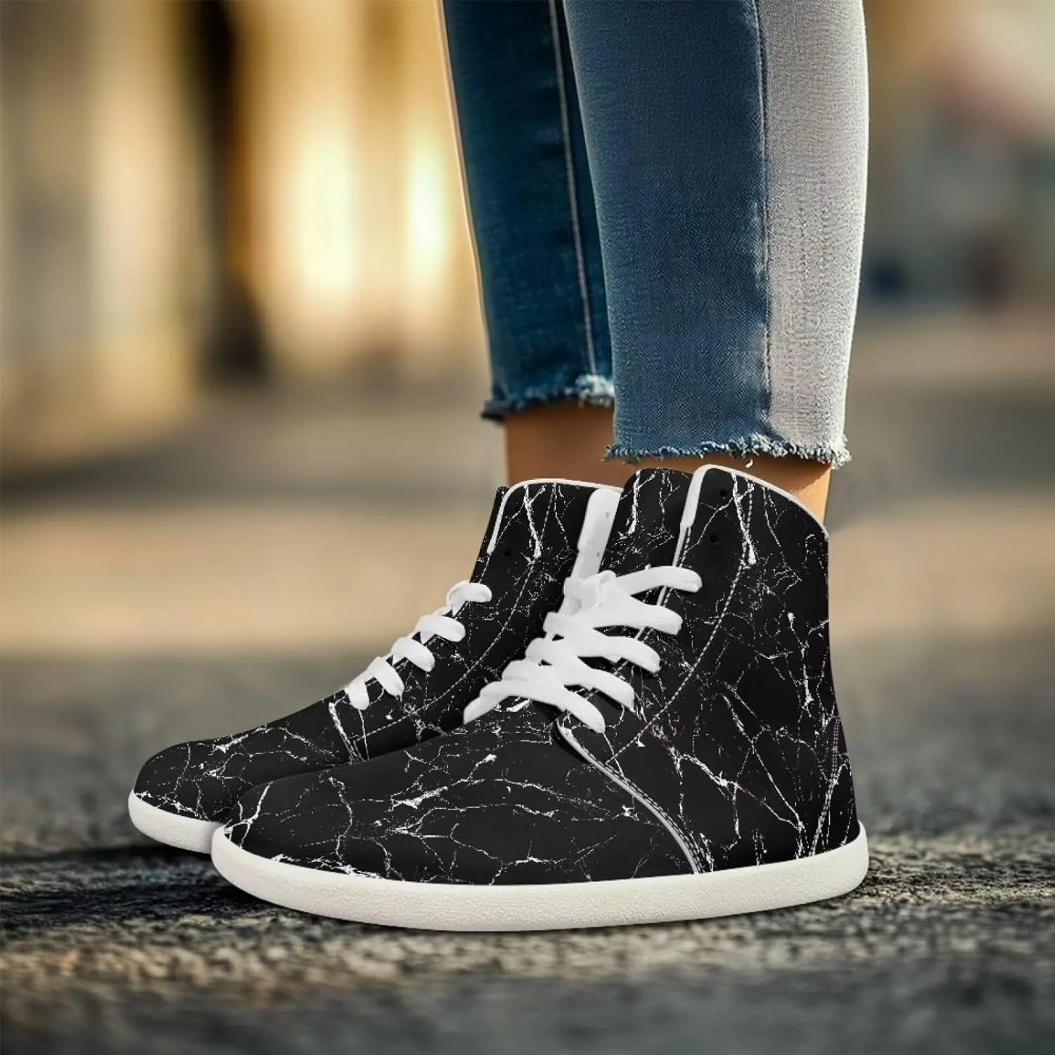 Howilath Marble Print High Top Shoes for Men Women, Anti-Skid Barefoot Sneakers Wide Toe Walking Shoes