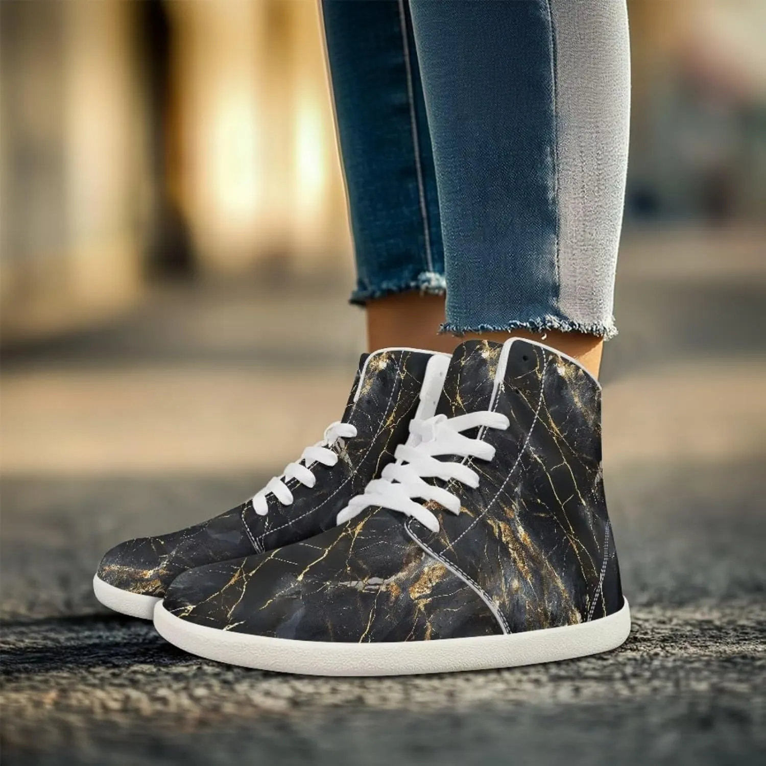 Howilath Marble Print High Top Shoes for Men Women, Anti-Skid Barefoot Sneakers Wide Toe Walking Shoes