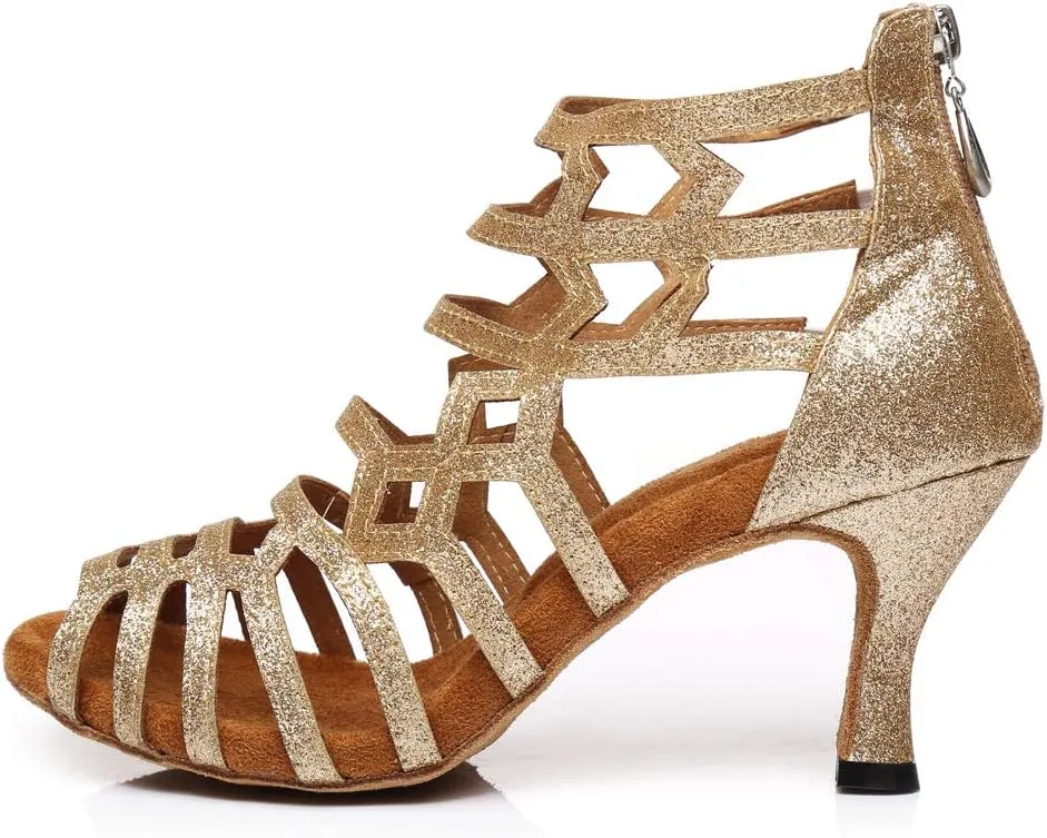 HROYL Latin Dance Shoes Women Waltz Shoes for Girls Salsa Ballroom Dance Shoes Glit Gold Dance Shoes for Women,Model YCL395