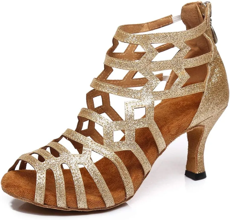 HROYL Latin Dance Shoes Women Waltz Shoes for Girls Salsa Ballroom Dance Shoes Glit Gold Dance Shoes for Women,Model YCL395