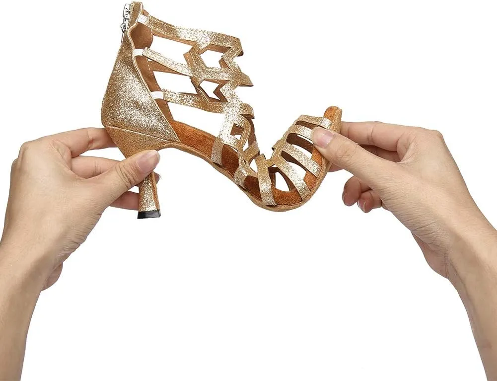 HROYL Latin Dance Shoes Women Waltz Shoes for Girls Salsa Ballroom Dance Shoes Glit Gold Dance Shoes for Women,Model YCL395