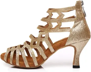 HROYL Latin Dance Shoes Women Waltz Shoes for Girls Salsa Ballroom Dance Shoes Glit Gold Dance Shoes for Women,Model YCL395