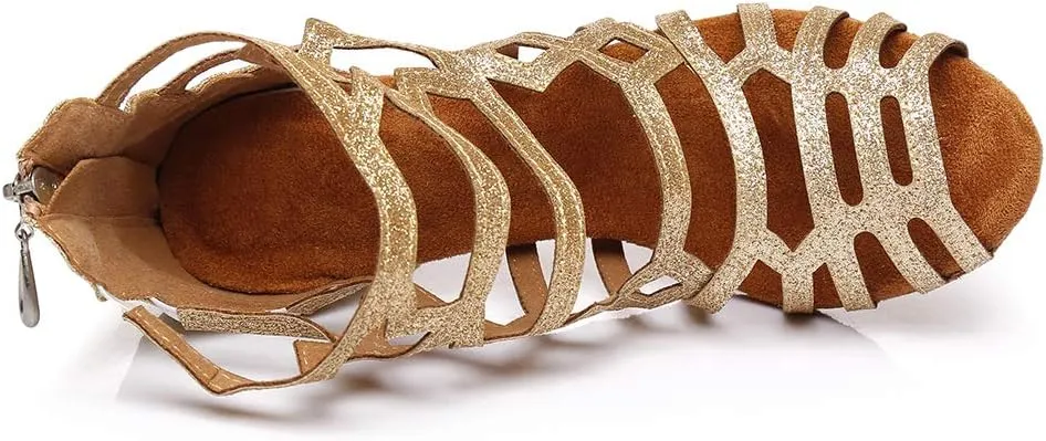 HROYL Latin Dance Shoes Women Waltz Shoes for Girls Salsa Ballroom Dance Shoes Glit Gold Dance Shoes for Women,Model YCL395