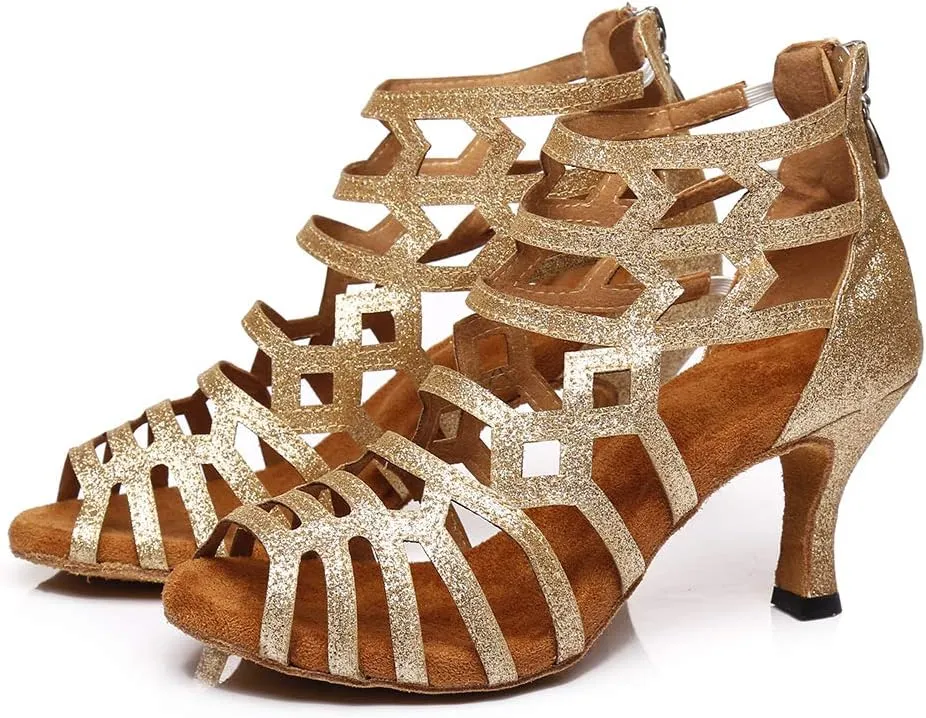 HROYL Latin Dance Shoes Women Waltz Shoes for Girls Salsa Ballroom Dance Shoes Glit Gold Dance Shoes for Women,Model YCL395